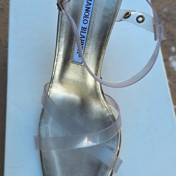 Vintage Manolo Blahnik Heeled Sandals (Gold Leather/PVC Straps) EU 37/US 7 - Picture 4 of 6